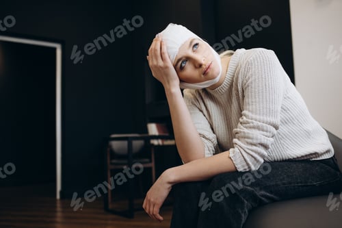 Preview: Young beautiful woman with a gauze bandage on her head and chest, on black background