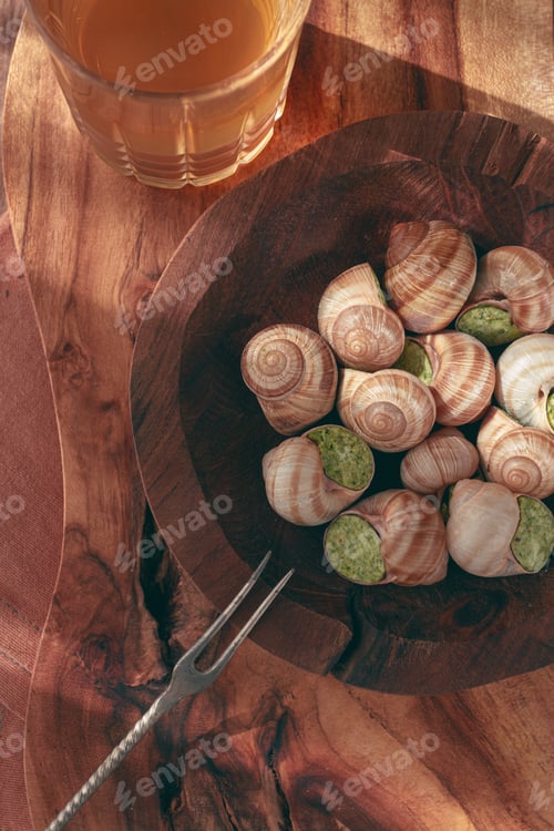 Preview: Snails cooked with herb oil on a wooden plate, served with white wine, natural light, no people,