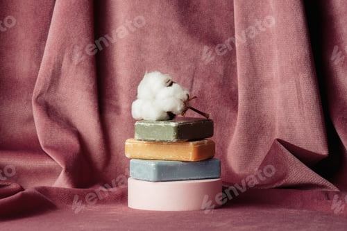 Preview: Soaps and cotton on burgundy color fabric