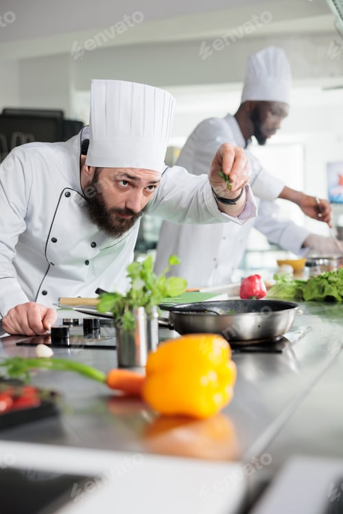 Preview: Food industry workers preparing delicious meal using organic vegetables in restaurant kitchen.