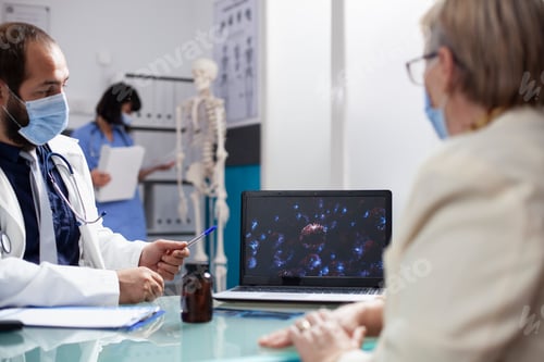 Preview: Doctor and woman focus on virus cells