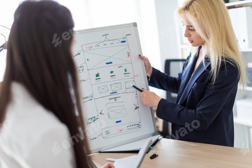 Preview: Two girls in the office discussing the project on a magnetic Board.