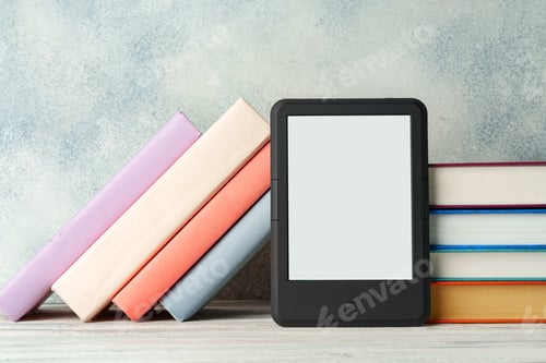Preview: Digital tablet with a stack of books on gray background