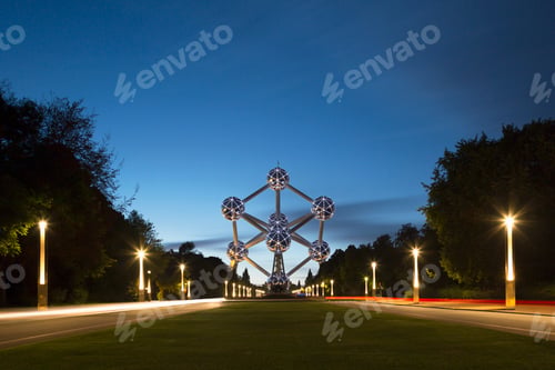 Preview: Evening lights trail past the iconic Atomium in Brussels