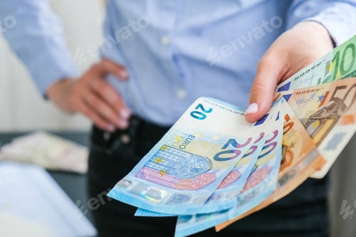 Preview: Business Woman Displaying a Spread of Cash euros. Close-up. Income and Business concept. Venality, b