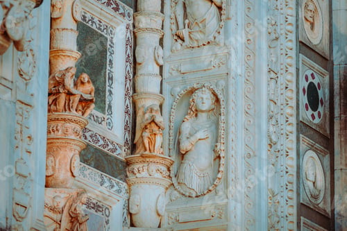 Preview: Detail of facade of the Charterhouse of Pavia (Certosa di Pavia) with various decorations