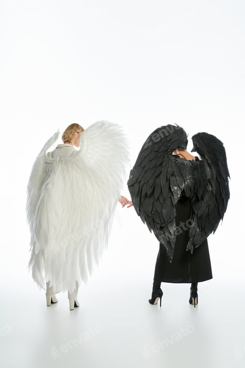 Preview: back view of women in costumes of devil and angel with black and light wings holding hands on white