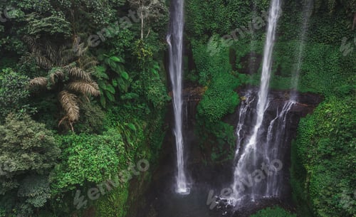 Preview: Aerial view of famous Sekumpul waterfalls in Bali, Indonesia. Tropical jungle rainforest