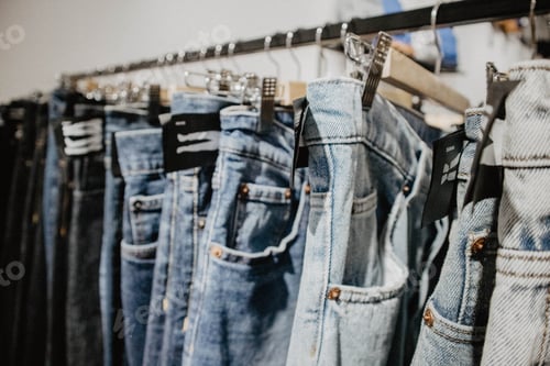 Preview: Close up of denim jeans in the store / shopping / blue color / fashion and style