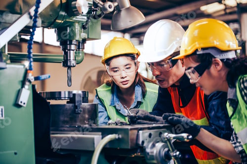 Preview: Asian male engineer teaching female trainee at a factory