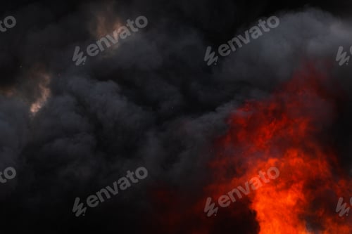 Preview: Flames strong red industrial fire, dramatic clouds of black smoke covered sky