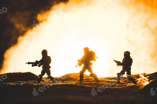 Preview: silhouettes of toy soldiers with guns walking on planet with sun in smoke on background