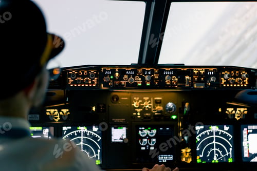 Preview: The pilot in the cockpit controls the plane during flight turbulence flight simulator transportation