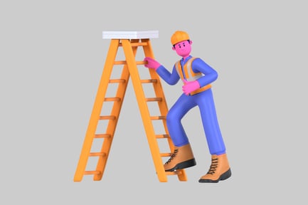 Cartoon construction worker climbing ladder