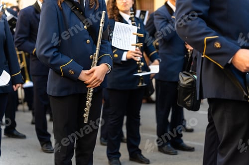 Preview: Band musicians with their instruments on the street. Typical music bands in Spain.