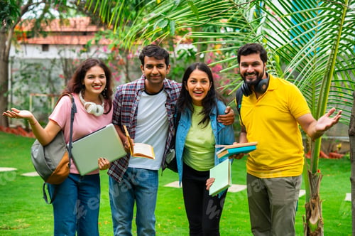 Preview: Indian university classmates standing outdoors in garden, collaborating and sharing ideas together