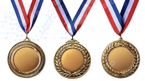 Preview: Gold medals with red, white, and blue ribbons arranged in a row against a white background.