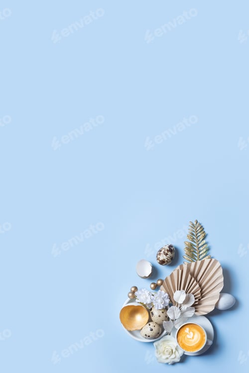 Preview: Modern creative composition with coffee cup. easter eggs, palm leaves and flowers