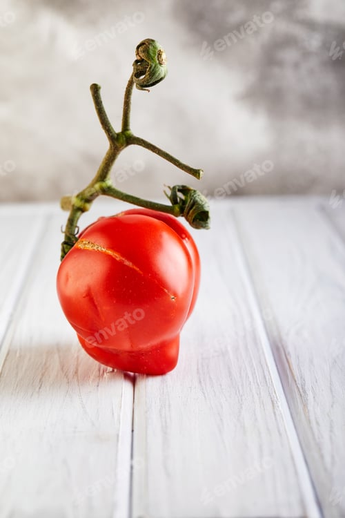 Preview: Ugly fruit or vegetable. Severely malformed mutant tomato. Food shops mostly prefer