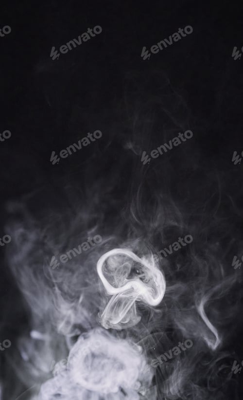 Preview: Smoke, black background and steam, fog or gas on mockup space wallpaper. Cloud, smog and magic effe