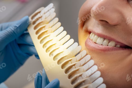 Preview: cropped view of dentist in latex gloves holding teeth palette near smiling man