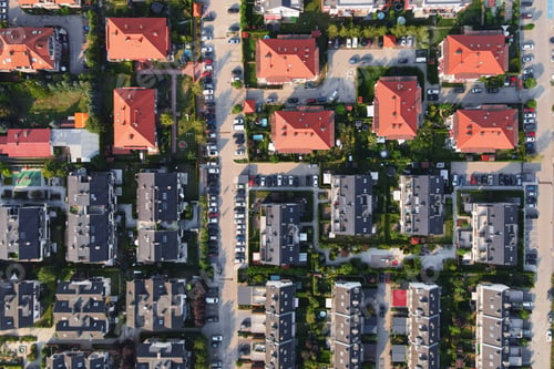 Preview: Aerial view of residential area in small town