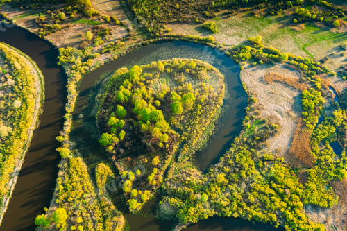Preview: Aerial View Of Summer River Landscape In Summer Day. Top View Natural River Island