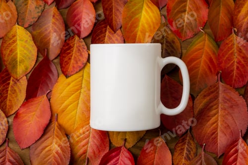 Preview: White coffee mug mockup with red yellow fall leaves