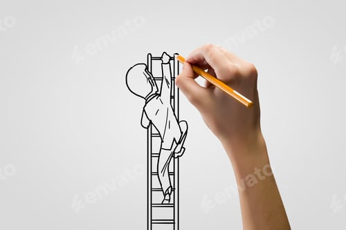 Vista previa: Human Hand Drawing Caricature Of Man Climbing Ladder