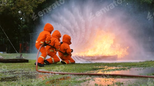 Preview: Firefighter fighting with flame using fire hose chemical water foam spray engine