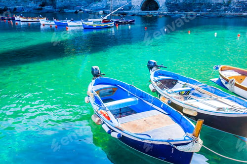 Preview: Beautiful cozy bay with boats and clear turquoise water in Italy, Europe