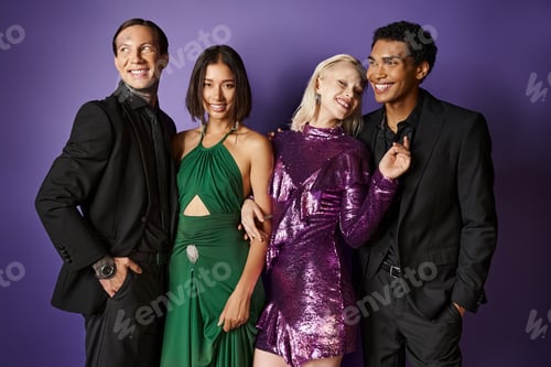 Preview: New Year 2024, joyous interracial friends in suits and dresses smiling together on purple backdrop