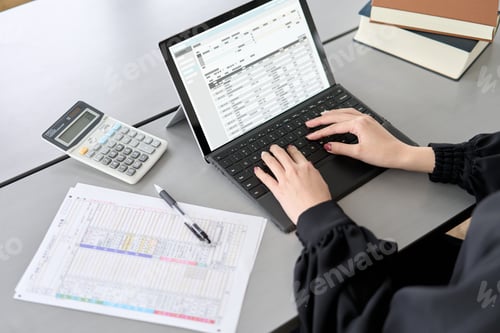 Preview: Asian woman entering journal entries in accounting software