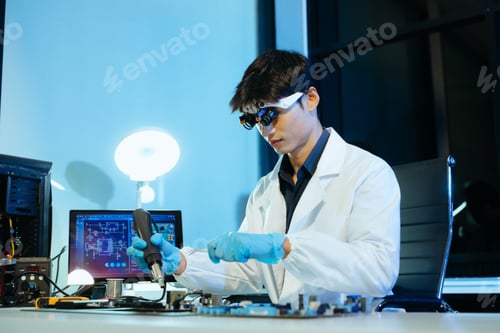 Preview: Professional engineer repairing PCB circuit in a modern lab, showcasing electronics, technology,