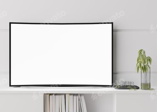 Preview: TV mock up. LED TV with blank white screen, standing on the sideboard. Copy space