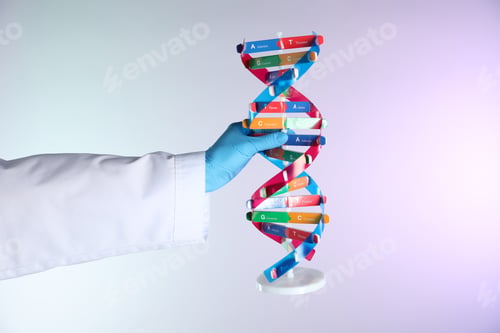 Preview: Scientist with DNA structure model on color background, closeup