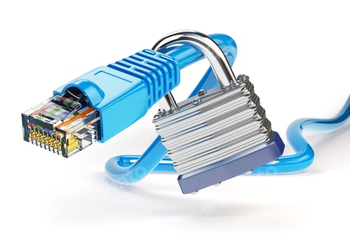 Preview: Network ethernet cable locked with padlock isolated on white bac