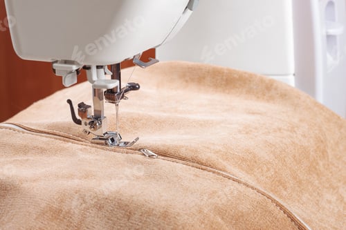 Preview: Modern Sewing Machine Special Presser Foot With Beige Fabric And Zipper, Closeup
