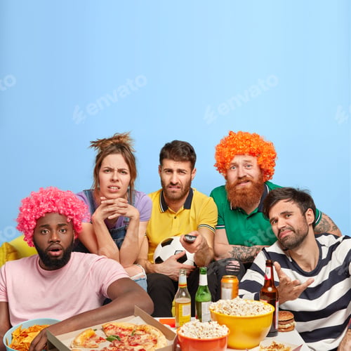 Preview: Unhappy four men and one woman dissatisfied with final result of football match, upset favourite tea
