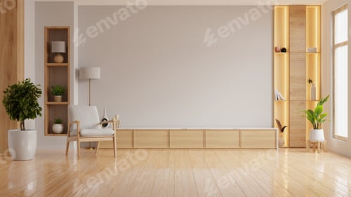 Preview: Modern wooden living room with an armchair on empty white wall background,Mockup a TV room