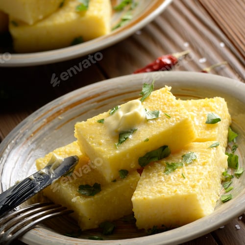 Preview: Polenta with butter and greens on clay dish on wooden rustic tab