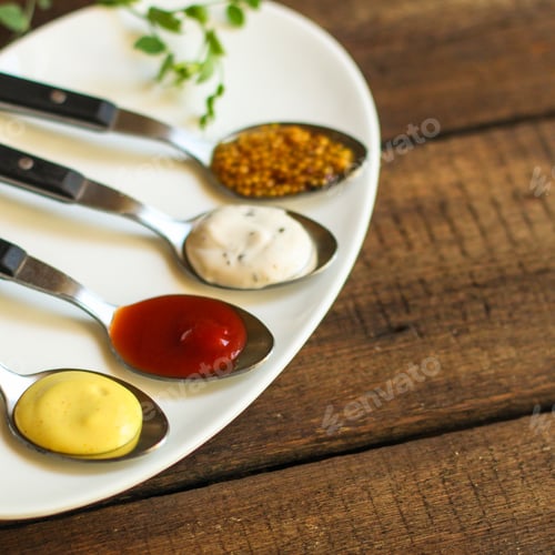 Preview: Sauces, Portion Serving (Ingredients And Dressing To Dish). Top View. Copy Space