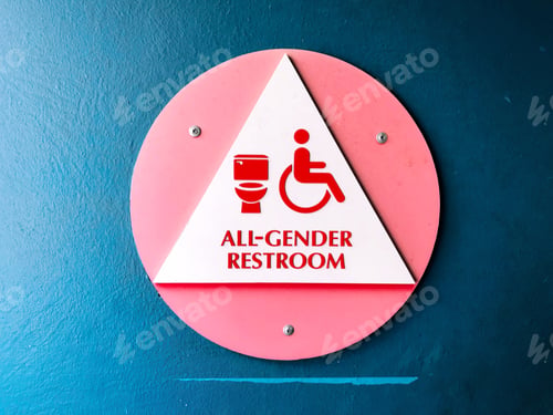 Preview: All inclusive all gender bathroom. Real image. authentic actual sign and words in the wild. text.