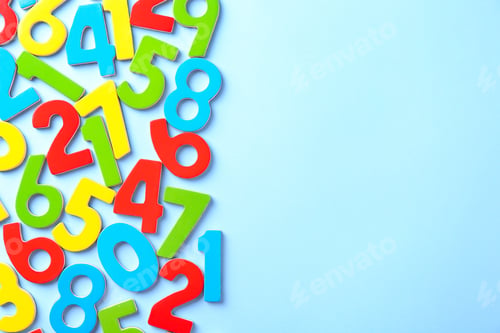 Preview: Colorful numbers on light blue background, flat lay. Space for text