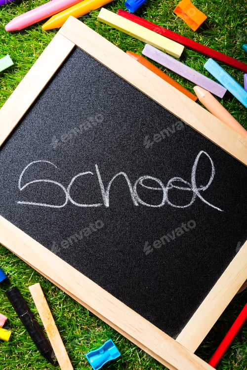 Preview: Back to school, blackboard layout and accessories vivid colorful. Copy space