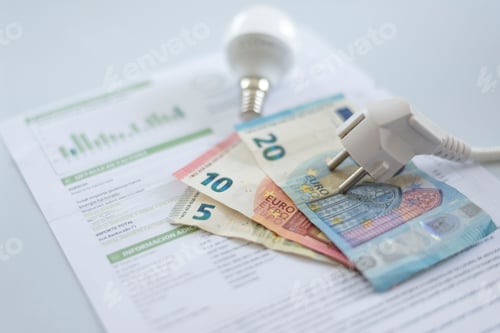 Preview: a white electric cap, a light bulb and euro banknotes on an electricity bill.