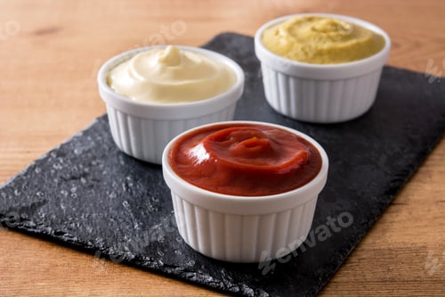 Preview: Trio of condiments in ceramic ramekins on slate