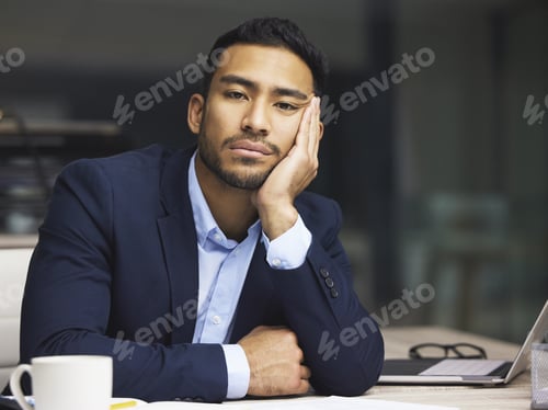 Preview: Tired businessman on the stock market, trading during a financial crisis. Bored trader in a bear ma