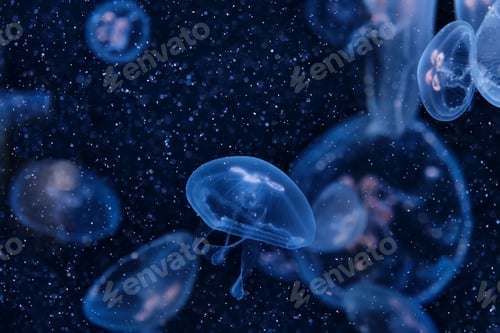 Preview: Translucent jellyfish float gracefully in deep blue waters, glowing softly with delicate tentacles.