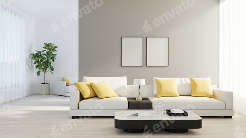 Preview: mock up poster frame in bright modern living room with white sofa
